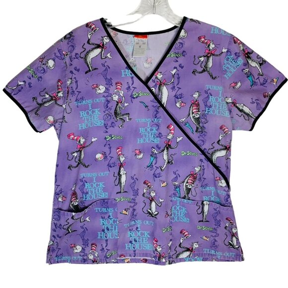 Seuss Tops - Dr Seuss Scrub Top Size M Cat In Hat Rock Mock Wrap Healthcare EVS Work Uniform